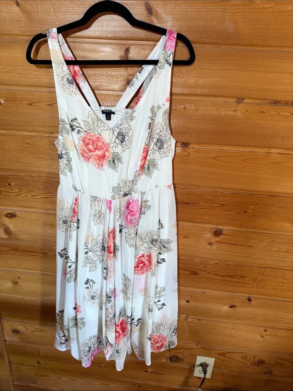 torrid Cream Floral knee length Dress with Pink & Coral Blooms